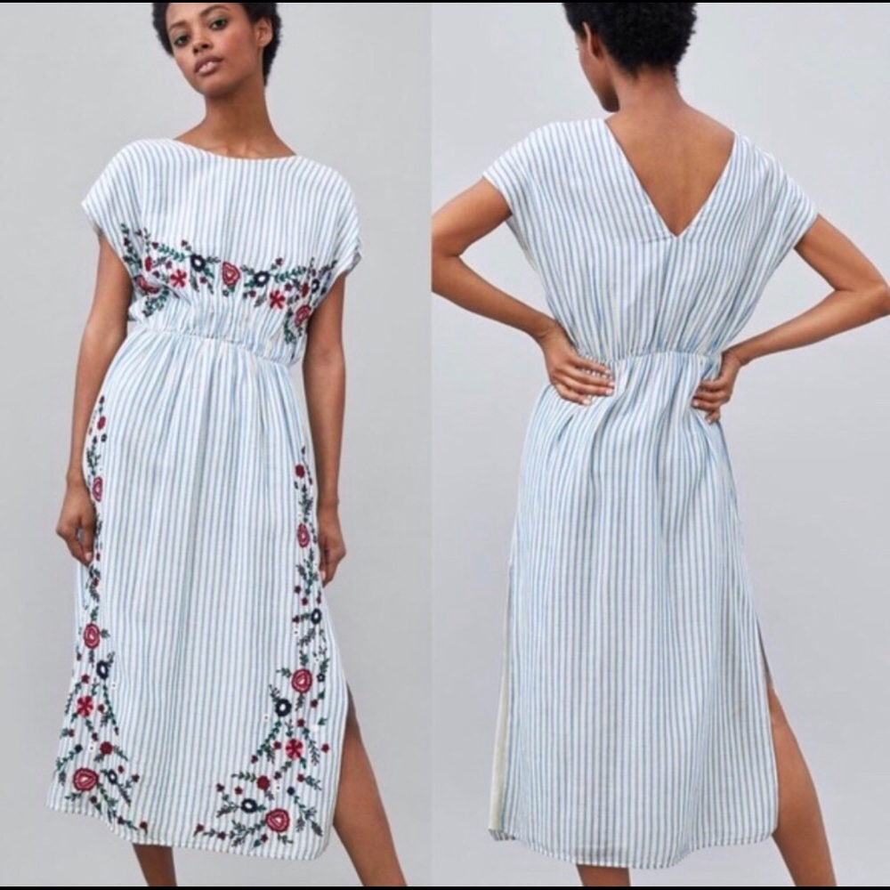 Zara Striped Floral Embroidered Dress